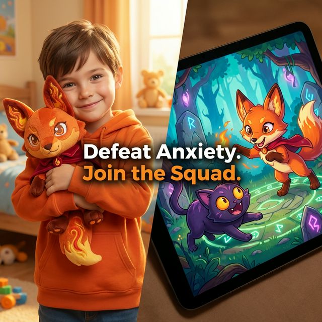 Child holding tablet with Fear-me-not app showing fox and cat companions